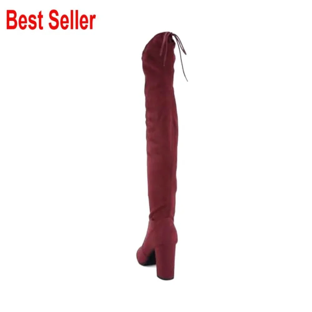 Round Toe Over the Knee Boots with Drawstring Closure, Block Heel